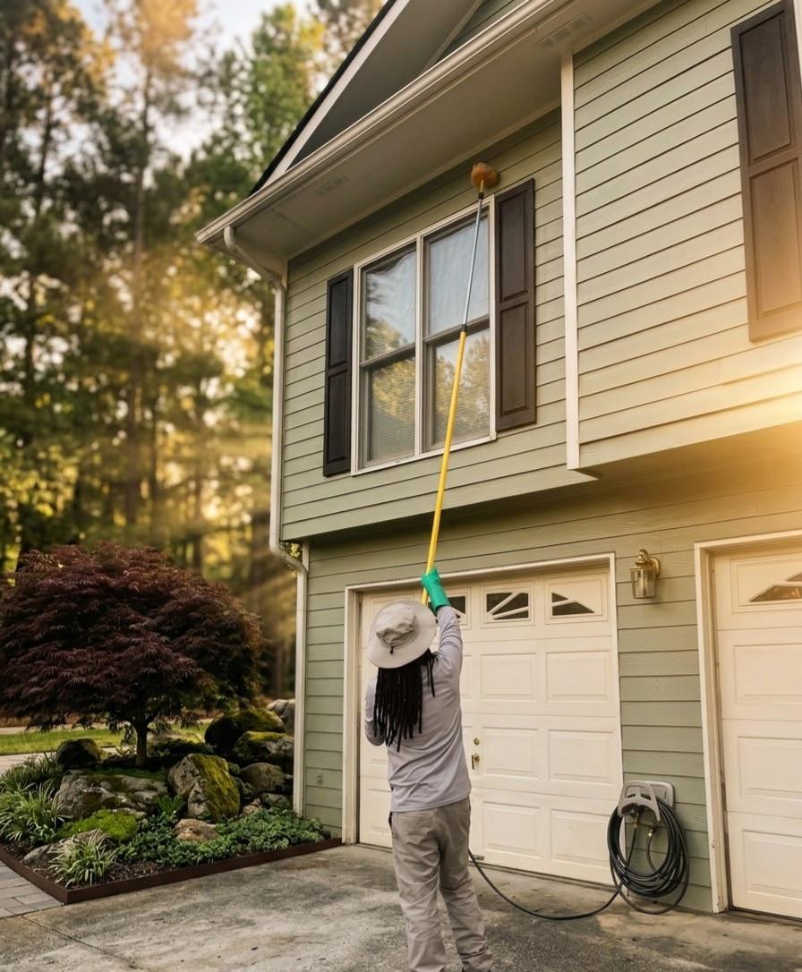 Total Control technician treating landscaping with a backpack sprayer at a residential property