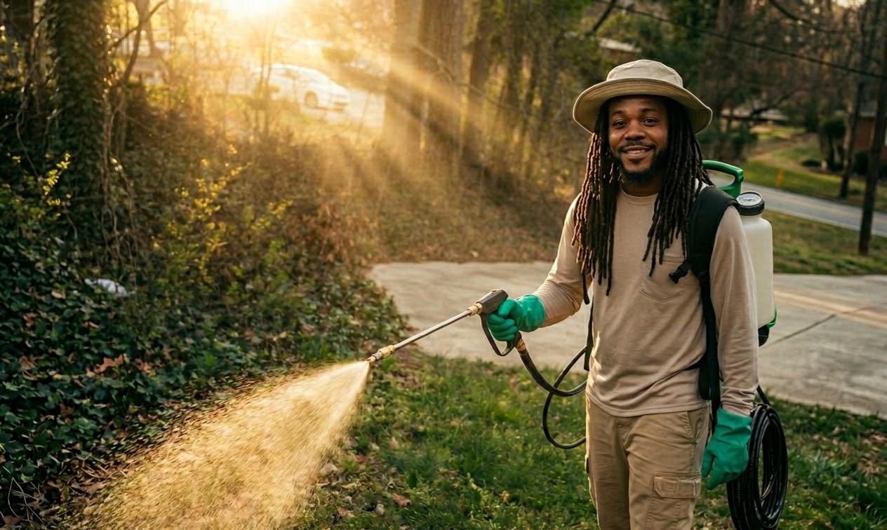 Technician with professional sprayer equipment outside a residential home
