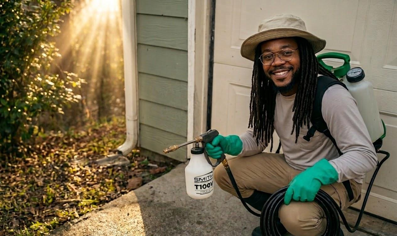 Technician with backpack sprayer on a home porch during exterior treatment