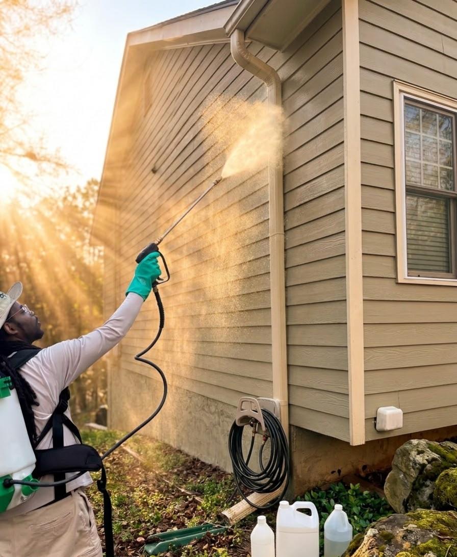Technician treating a residential porch and railing with precision application