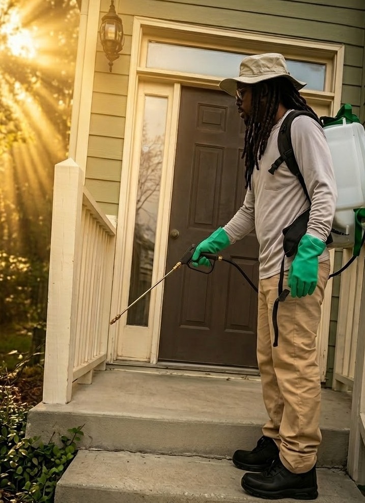 Exterior home service using extended reach equipment for upper windows and siding