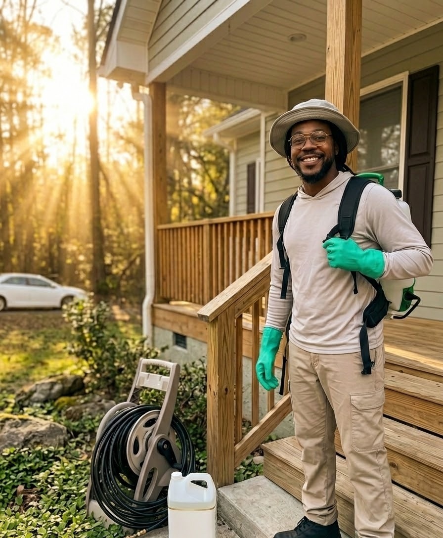 Technician treating home exterior and perimeter with a backpack sprayer